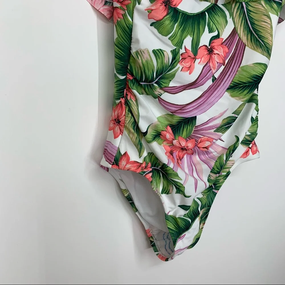 Kona Sol Ruffle Off The Shoulder Tropical High Coverage One Piece Swimsuit